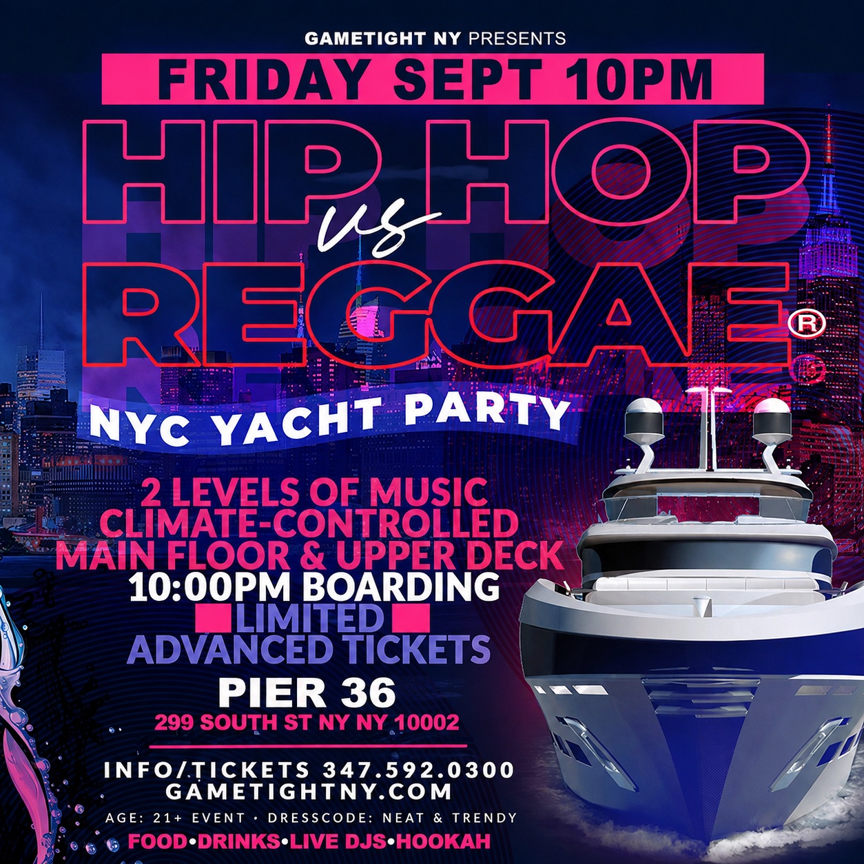 Friday Hip Hop vs Reggae Midnight Yacht Party Cruise at Pier 36 — event image